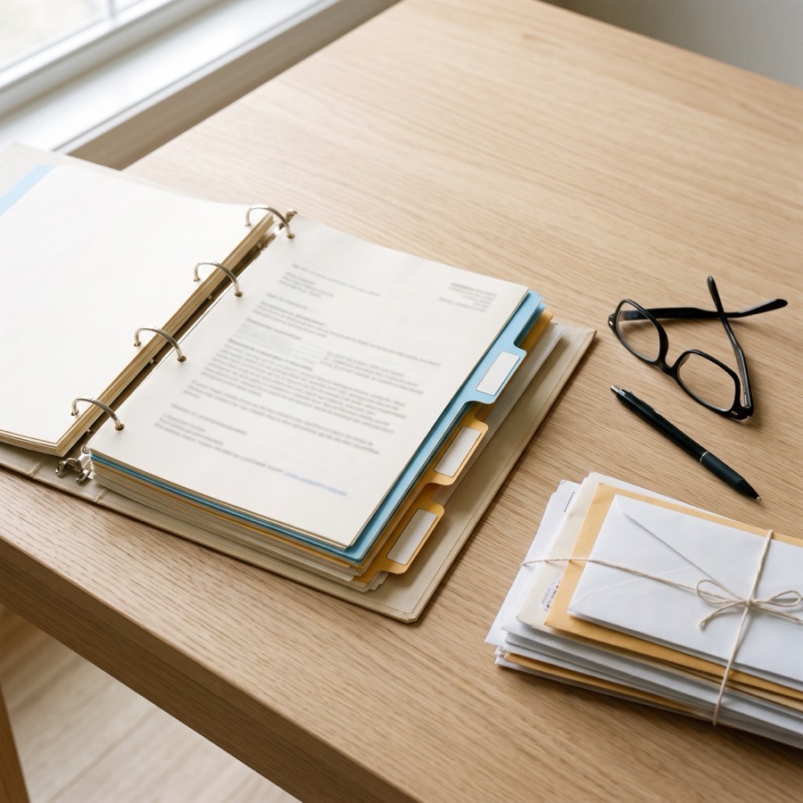 Un classeur ouvert avec des intercalaires de couleur, des lunettes, un stylo et une pile de courriers posés sur un bureau