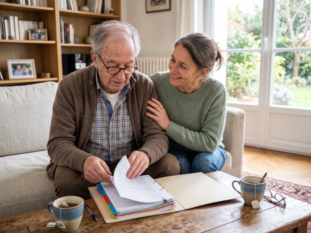 Un homme âgé et sa fille adulte consultent ensemble un classeur de documents, assis dans un salon lumineux