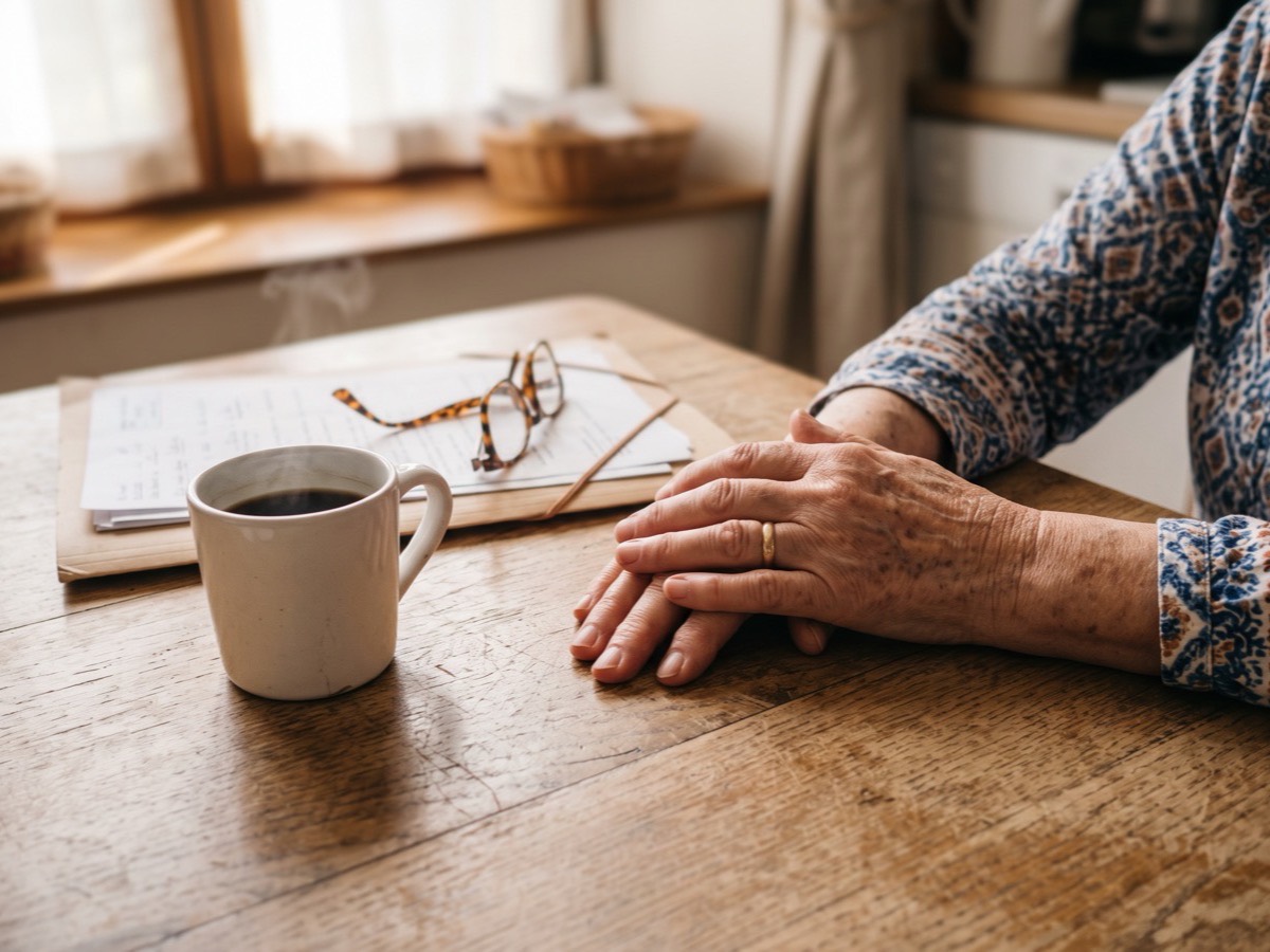 Les mains d'une femme âgée posées sur une table de cuisine, à côté d'une tasse de café, de lunettes et d'une pochette de documents